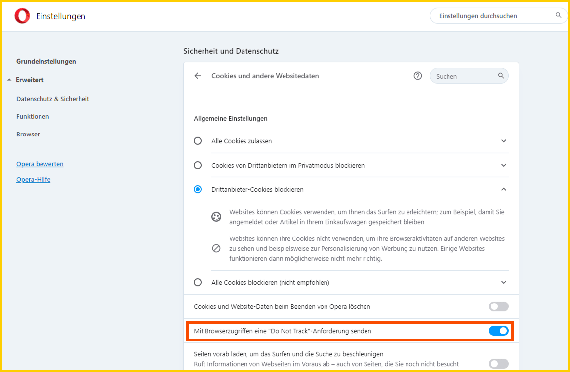 Opera "Do Not Track" Einstellung - Schritt 2