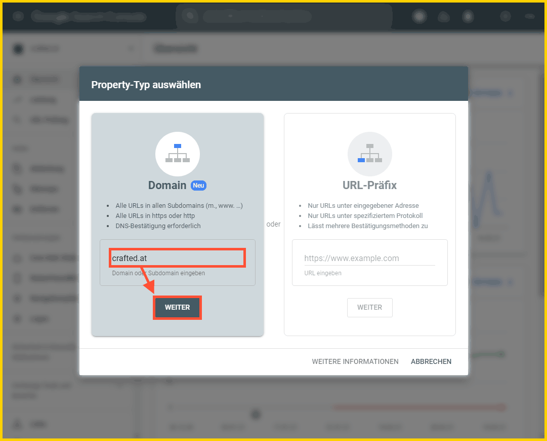 Google Search Console einrichtigen - Domain-Property hinzufügen