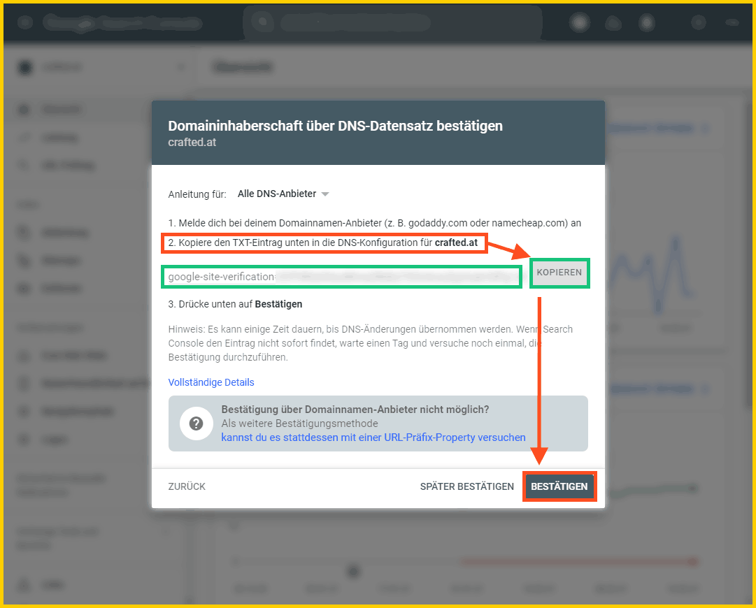Google Search Console einrichtigen - Domain per DNS-Eintrag bestätigen