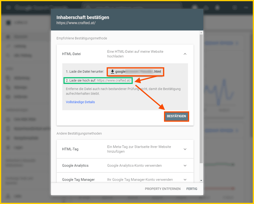 Google Search Console einrichtigen - Domain per HTML Datei bestätigen