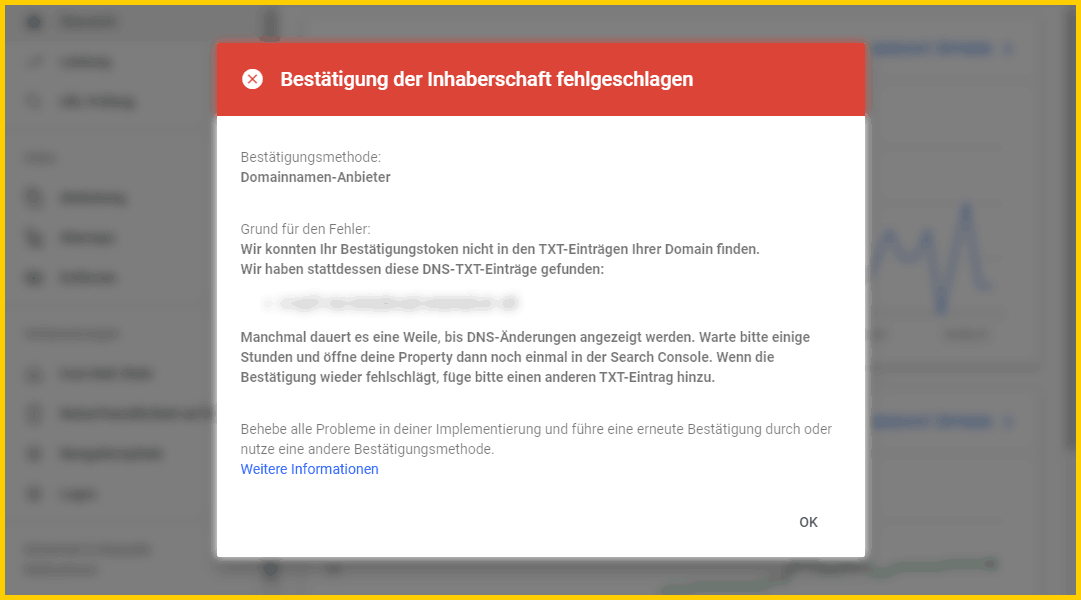 Google Search Console einrichtigen - Bestätigung der Inhaberschaft per DNS-Eintrag fehlgeschlagen