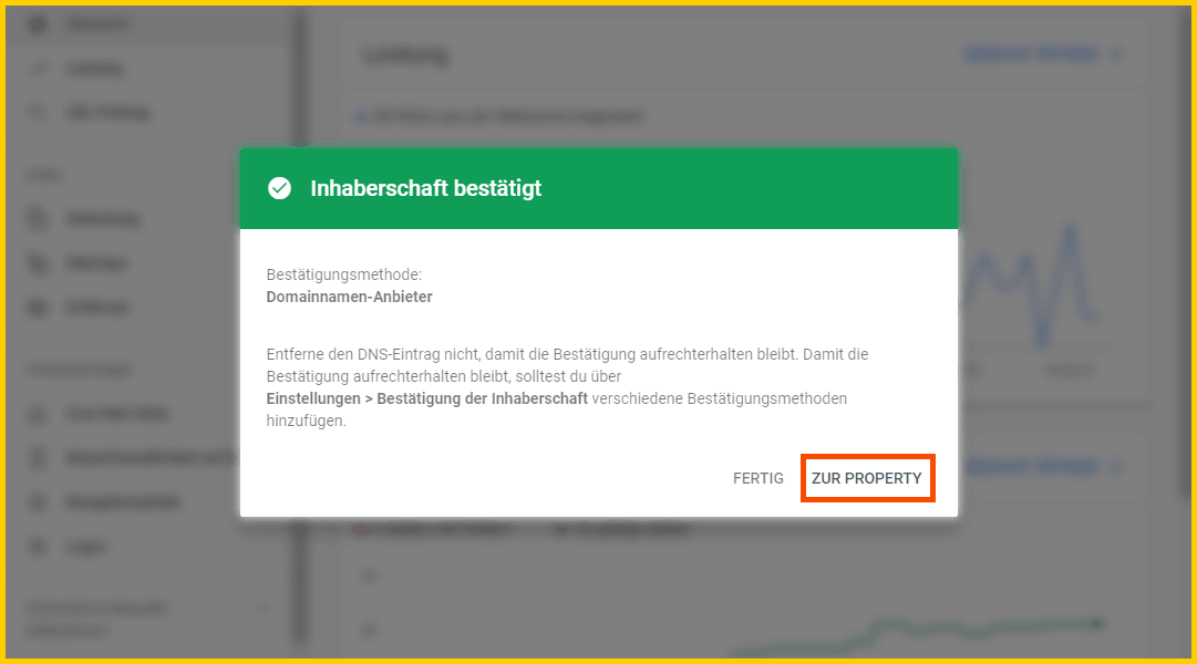Google Search Console einrichtigen - Inhaberschaft per DNS-Eintrag bestätigt