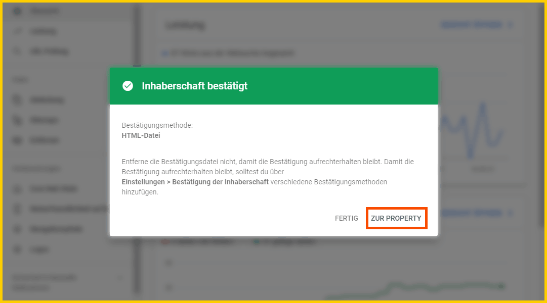 Google Search Console einrichtigen - Domain per HTML-Datei bestätigt