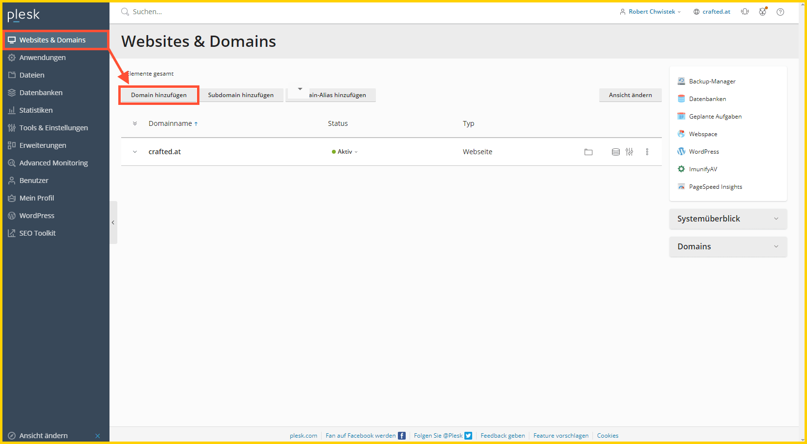 Domain in Plesk hinzufügen