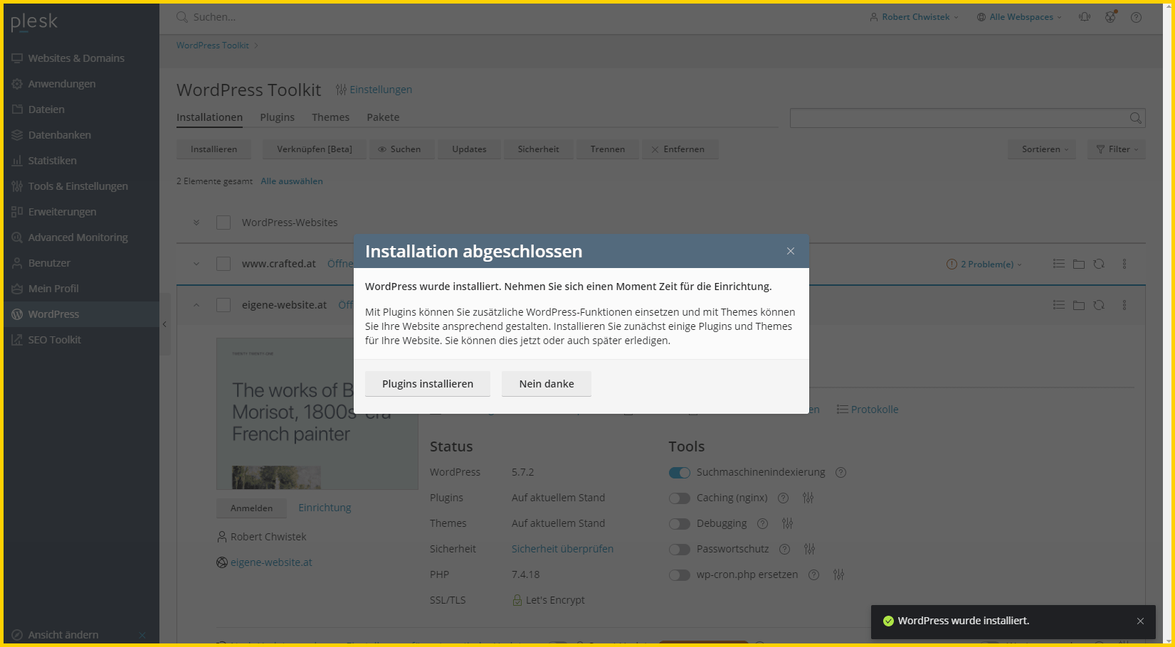 WordPress Installation erfolgreich durchgeführt