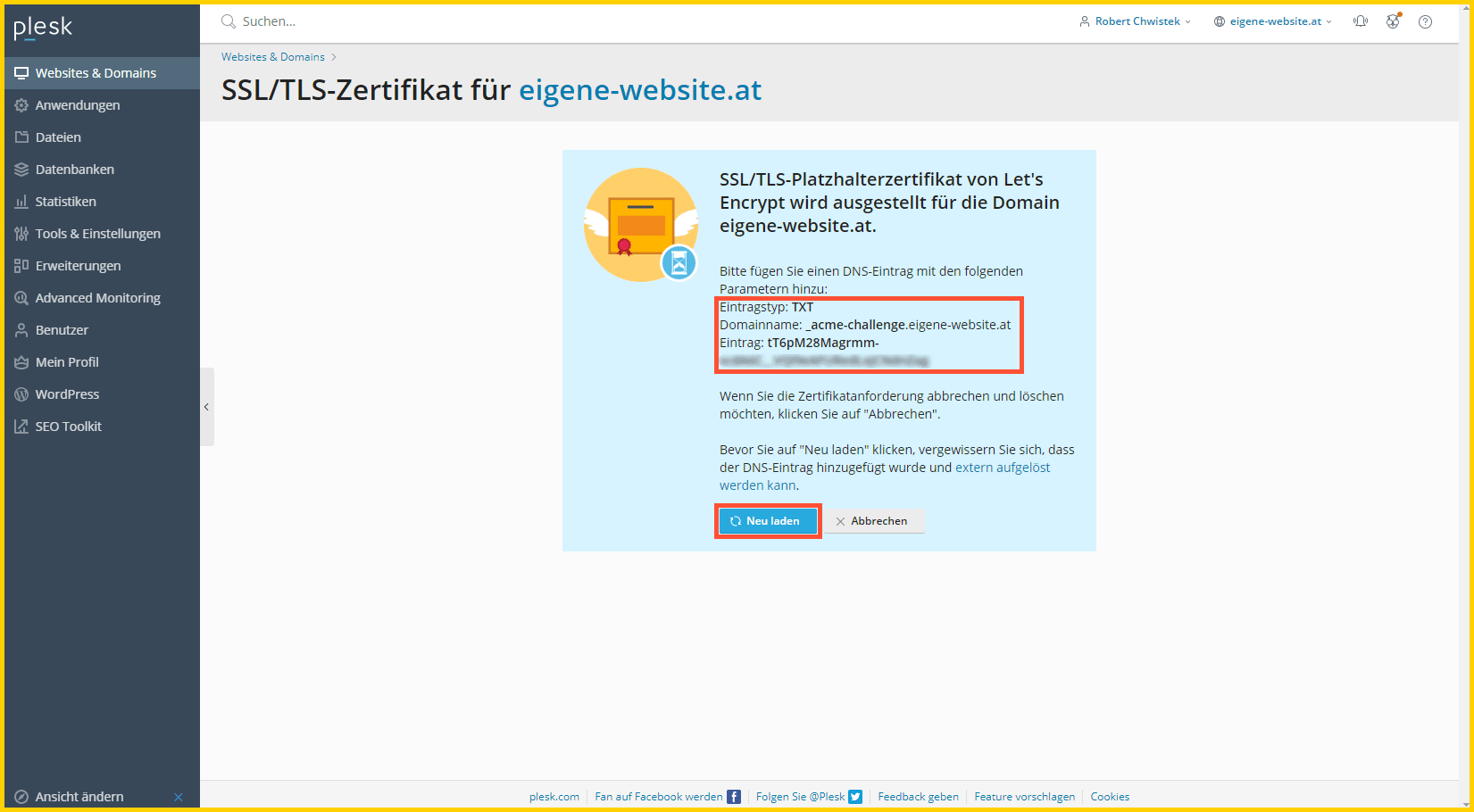 DNS Eintrag bestätigen und SSL Zertifikat installieren