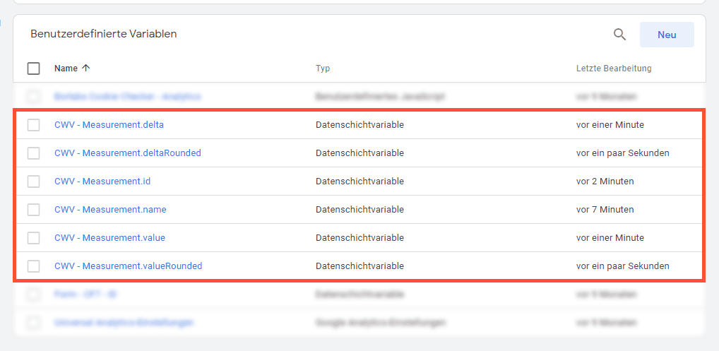 Alle neuen Datenschichtvariablen für die Messwerte