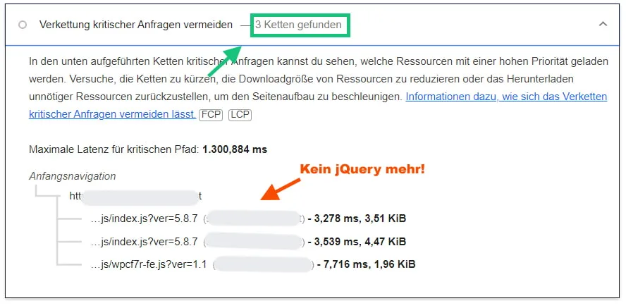 Verkettung kritischer Anfragen: Ohne jQuery und jQuery Migrate