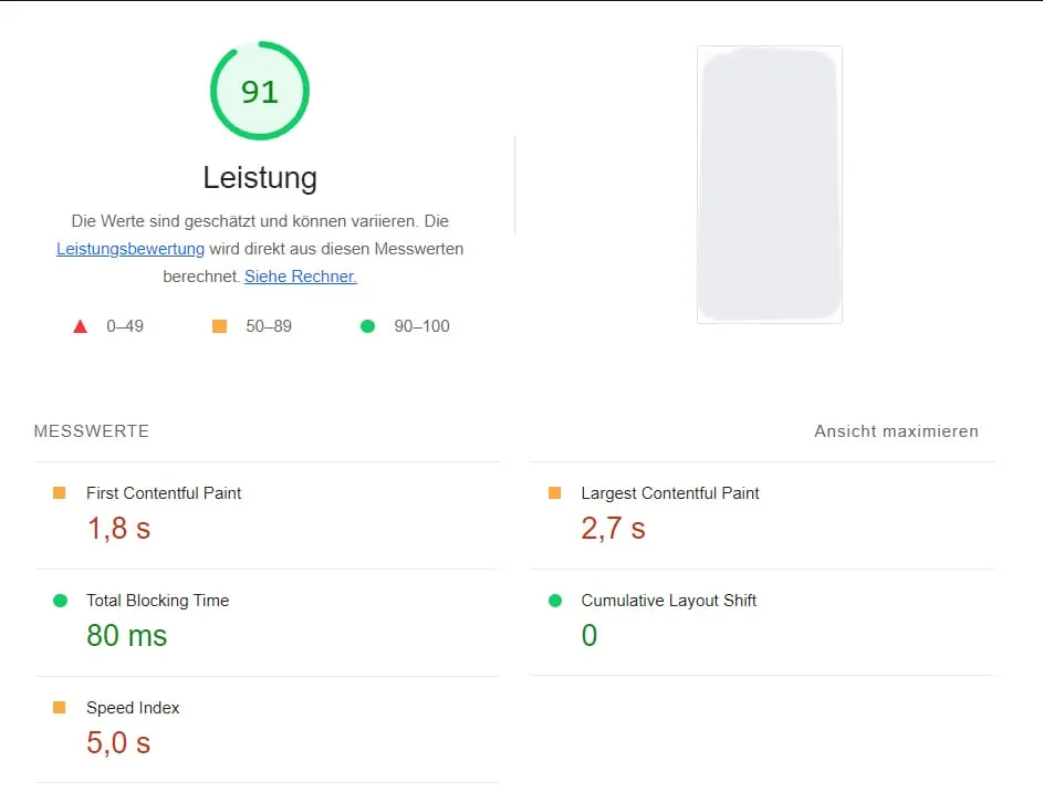 PageSpeed Insights: Vor der Optimierung